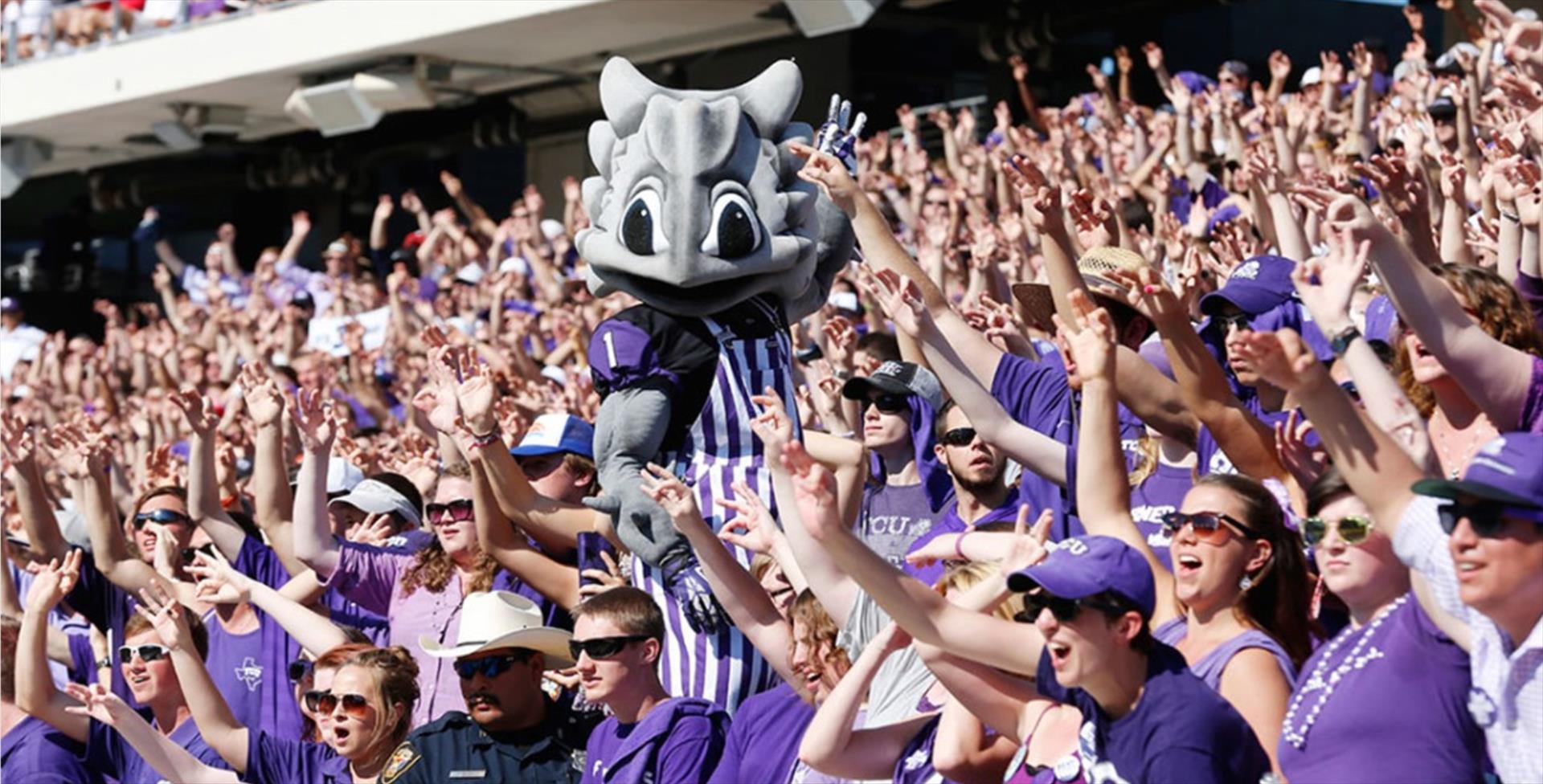 Fundraising Hero image- Image of Super Frog in the stands surrounded by fans at TCU football game